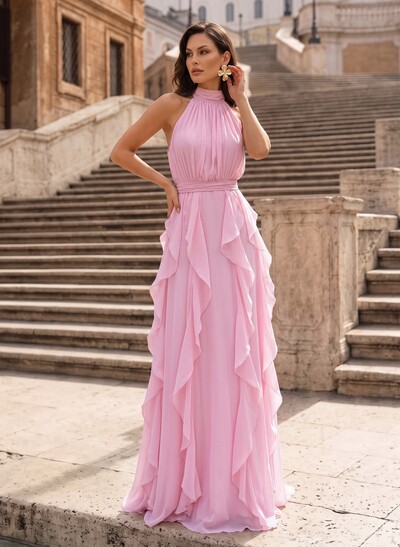 A-Line Halter Sleeveless Floor-Length Chiffon Evening Dresses With Bow/Cascading Ruffles/Sash