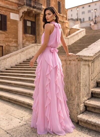 A-Line Halter Sleeveless Floor-Length Chiffon Evening Dresses With Bow/Cascading Ruffles/Sash