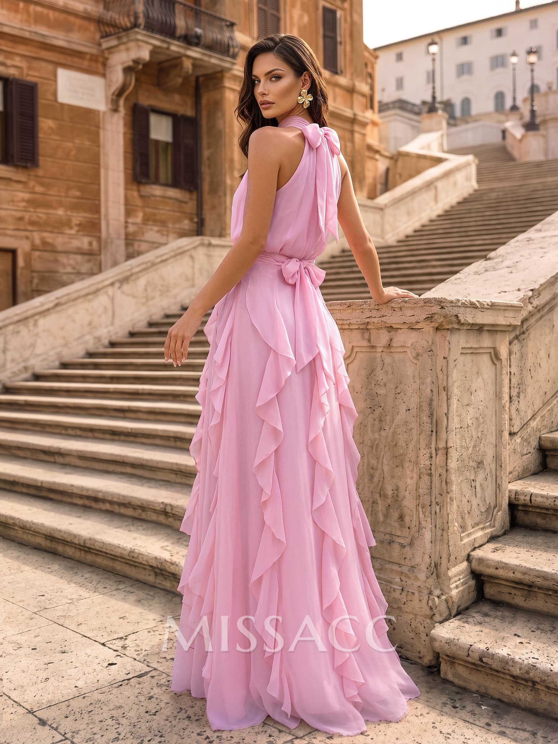 A-Line Halter Sleeveless Floor-Length Chiffon Evening Dresses With Bow/Cascading Ruffles/Sash