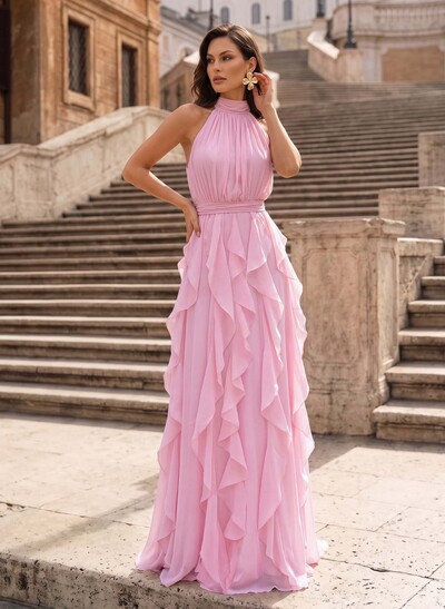 A-Line Halter Sleeveless Floor-Length Chiffon Evening Dresses With Bow/Cascading Ruffles/Sash