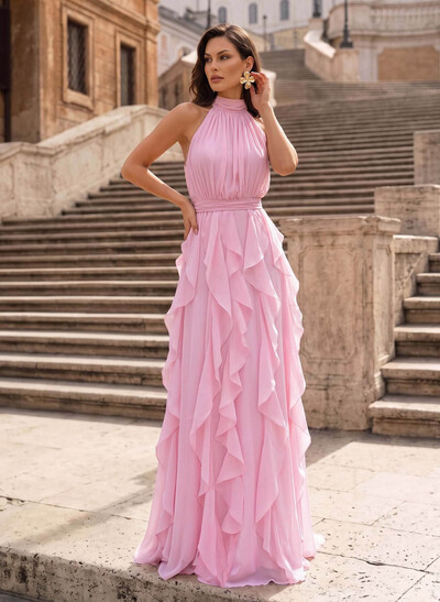A-Line Halter Sleeveless Floor-Length Chiffon Evening Dresses With Bow/Cascading Ruffles/Sash