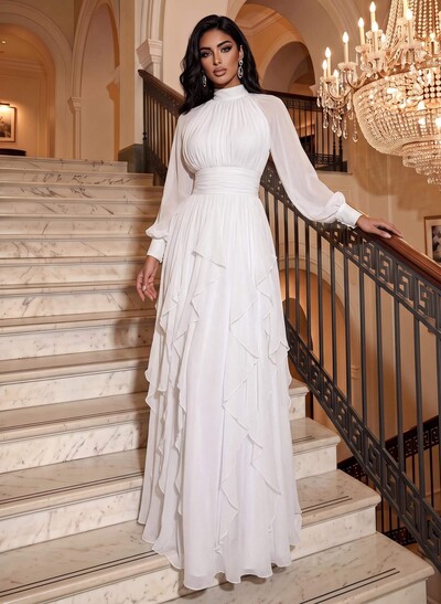 A-Line High Neck Long Sleeve Tops Floor-Length Chiffon Wedding Dresses With Sash/Cascading Frills