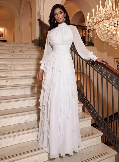 A-Line High Neck Long Sleeves Floor-Length Chiffon Wedding Dresses With Cascading Ruffles/Sash