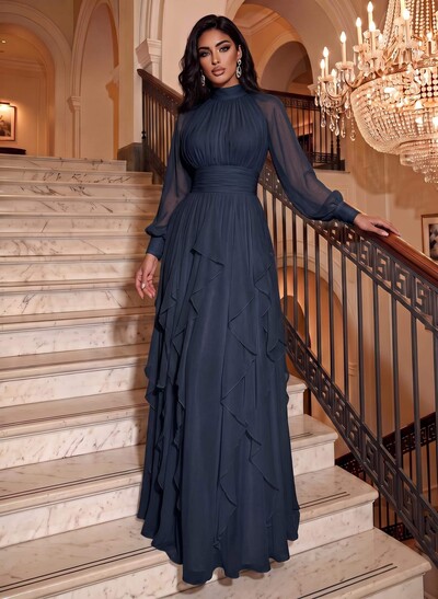 A-Line High Neck Long Sleeves Floor-Length Chiffon Evening Dresses With Cascading Ruffles/Sash