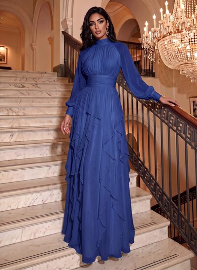 A-Line High Neck Long Sleeve Chiffon Formal Maxi Dress with Cascading Ruffles and Sash