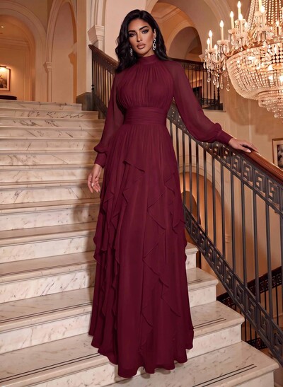 A-Line High Neck Long Sleeve Floor-Length Chiffon Evening Dress With Cascading Ruffles And Sash