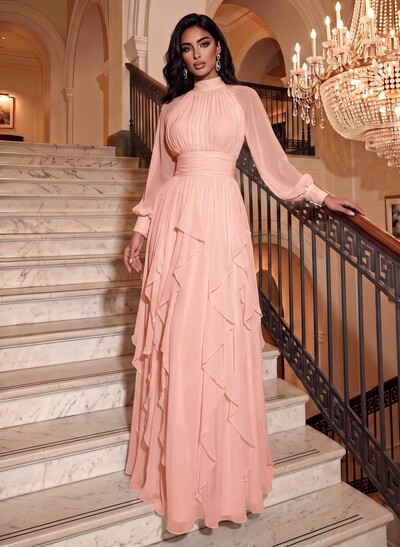 A-Line High Neck Long Sleeve Floor-Length Chiffon Evening Dress with Cascading Ruffles and Sash