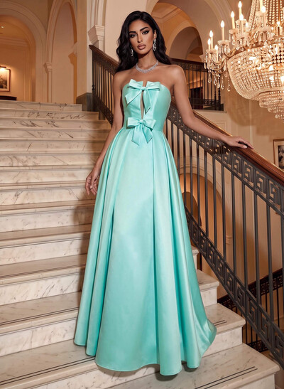 A-Line Strapless Sleeveless Floor-Length Satin Evening Dresses With Pockets/Bow