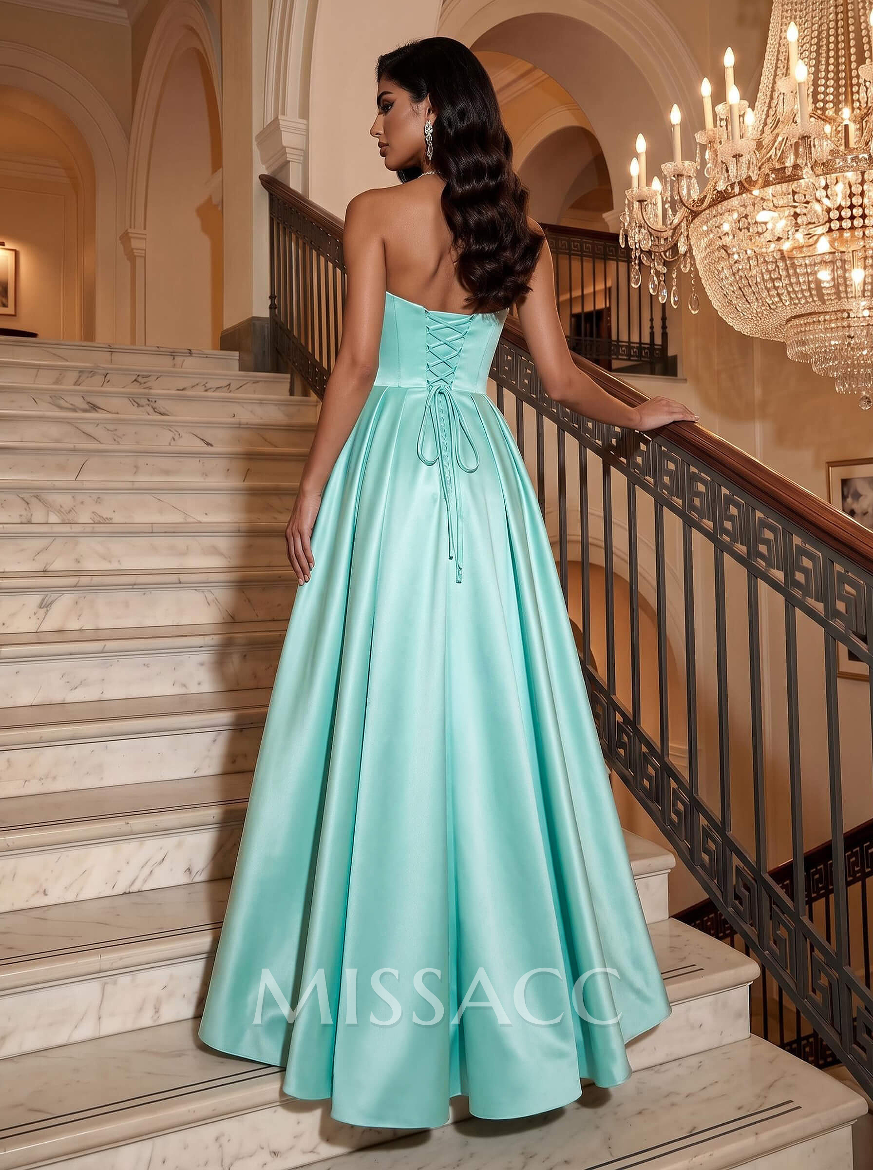 A-Line Strapless Sleeveless Floor-Length Satin Evening Dresses With Pockets/Bow