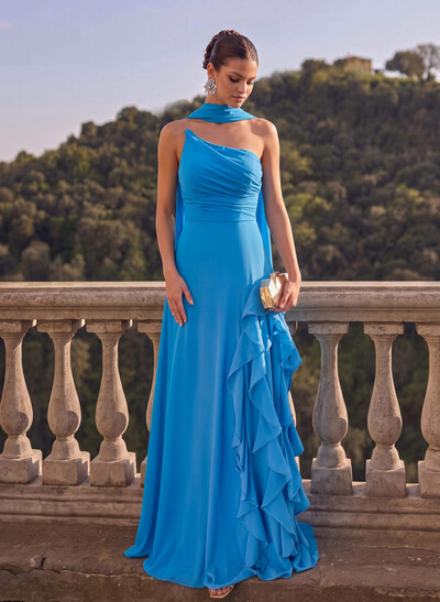 Sheath/Column Strapless Sleeveless Floor-Length Chiffon Evening Dresses With Cascading Ruffles