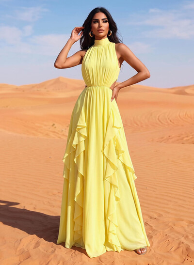 Sleeveless High Neck Chiffon Column Evening Dress With Cascading Ruffles