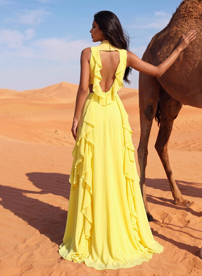 Sleeveless High Neck Chiffon Column Evening Dress With Cascading Ruffles