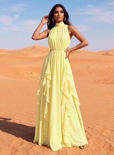 Sheath/Column High Neck Sleeveless Floor-Length Chiffon Evening Dresses With Cascading Ruffles