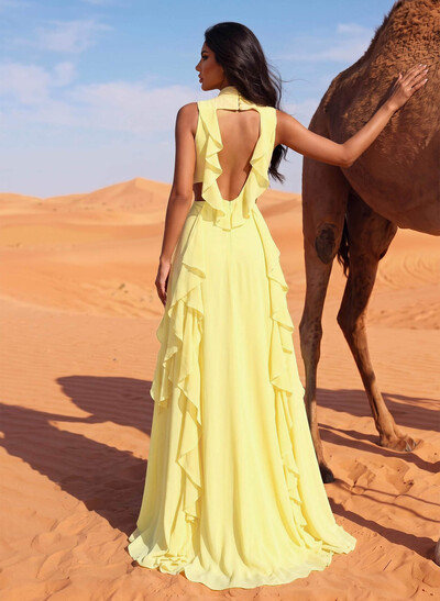 Sheath/Column High Neck Sleeveless Floor-Length Chiffon Evening Dresses With Cascading Ruffles