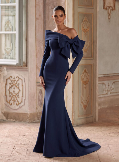 Trumpet/Mermaid Asymmetric Long Sleeve Tops Sweep Train Stretch Satin Evening Dresses With Bow