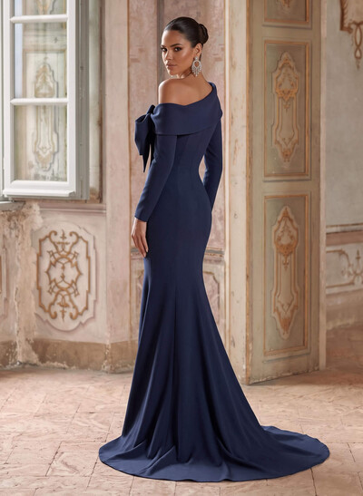 Trumpet/Mermaid Asymmetric Long Sleeve Tops Sweep Train Stretch Satin Evening Dresses With Bow
