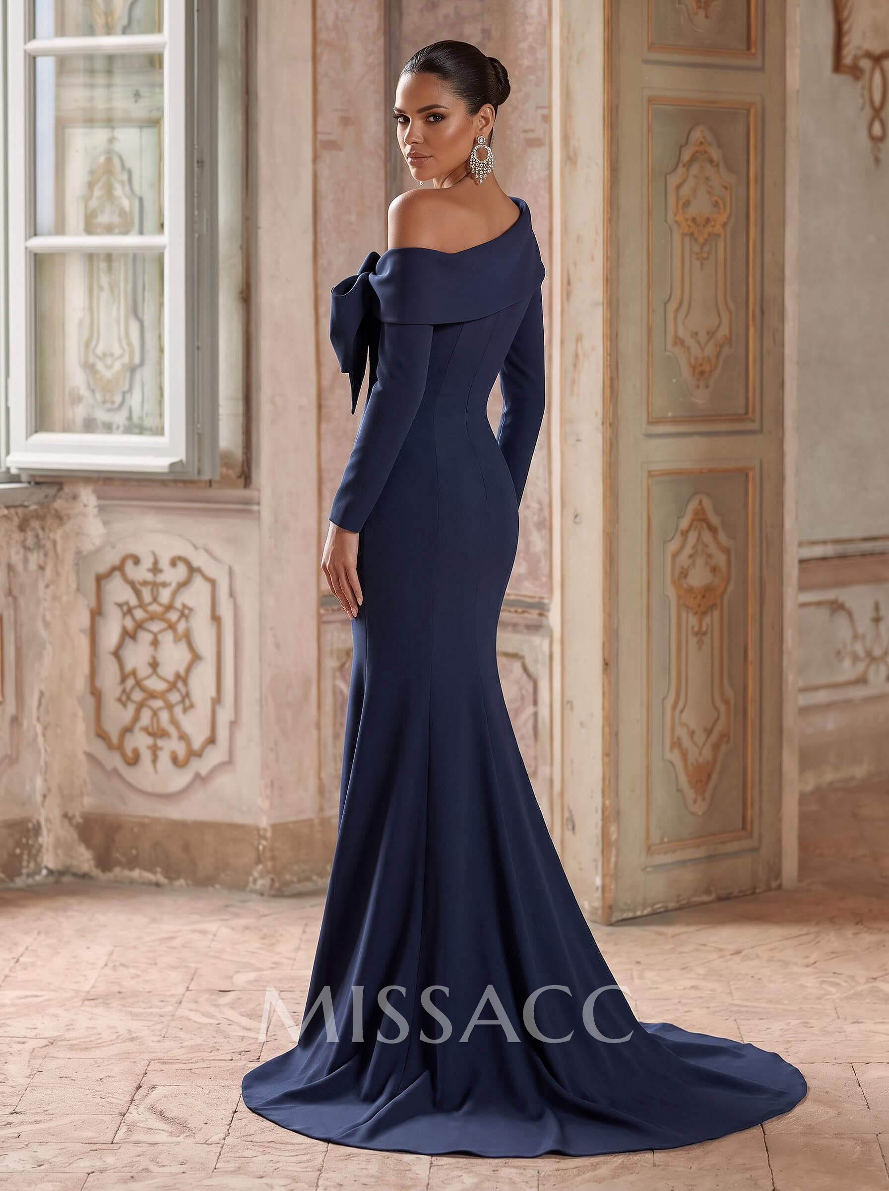 Trumpet/Mermaid Asymmetric Long Sleeve Tops Sweep Train Stretch Satin Evening Dresses With Bow