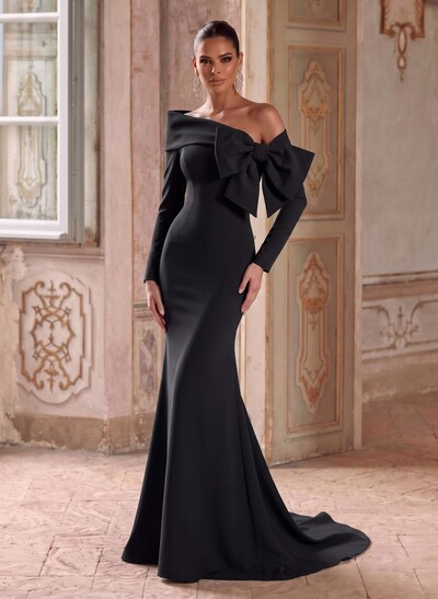Trumpet/Mermaid Asymmetrical Long Sleeve Sweep Train Stretch Satin Evening Gown with Bow