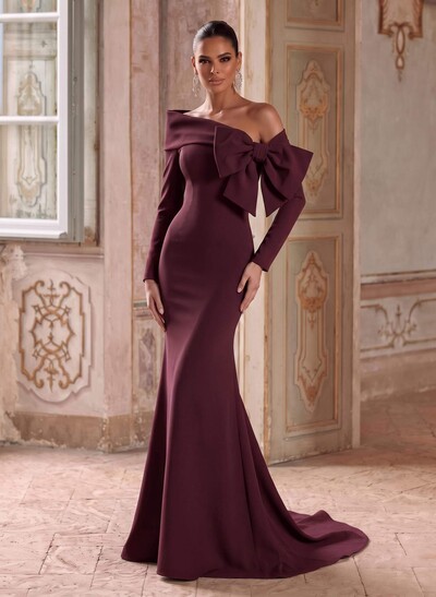 Trumpet/Mermaid Asymmetrical Long Sleeves Sweep Train Elastic Satin Evening Dresses With Bow