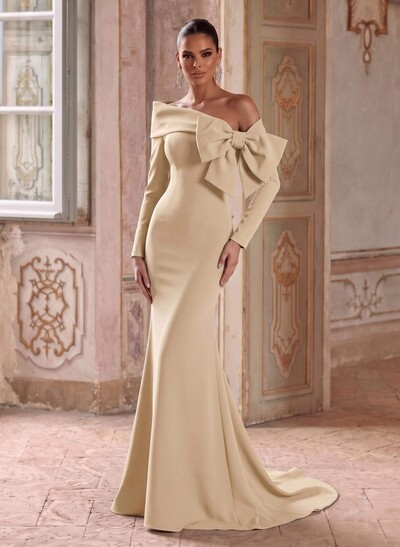 Trumpet/Mermaid Asymmetrical Long Sleeves Sweep Train Elastic Satin Evening Dresses With Bow