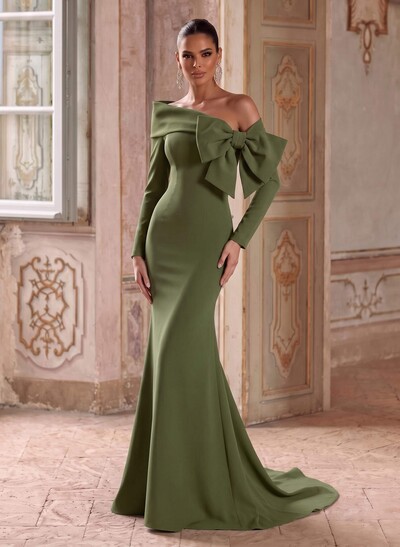 Trumpet/Mermaid Asymmetrical Long Sleeves Sweep Train Elastic Satin Evening Dresses With Bow