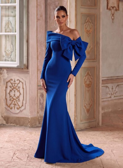 Trumpet/Mermaid Asymmetrical Long Sleeve Sweep Train Stretch Satin Formal Dress with Bow