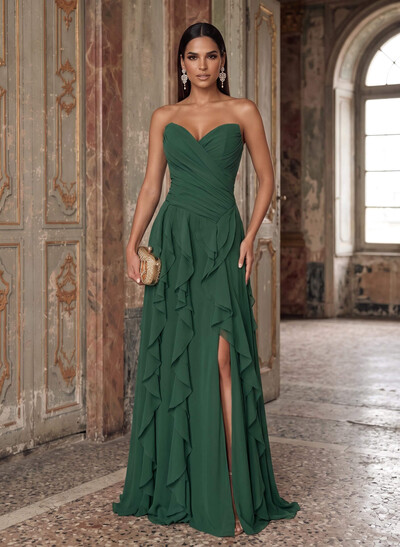 A-Line Darling Sleeveless Sweep Train Chiffon Evening Dresses With Front Split/Frill