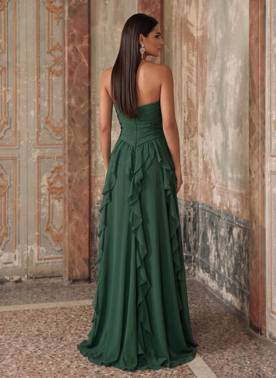 A-Line Darling Sleeveless Sweep Train Chiffon Evening Dresses With Front Split/Frill