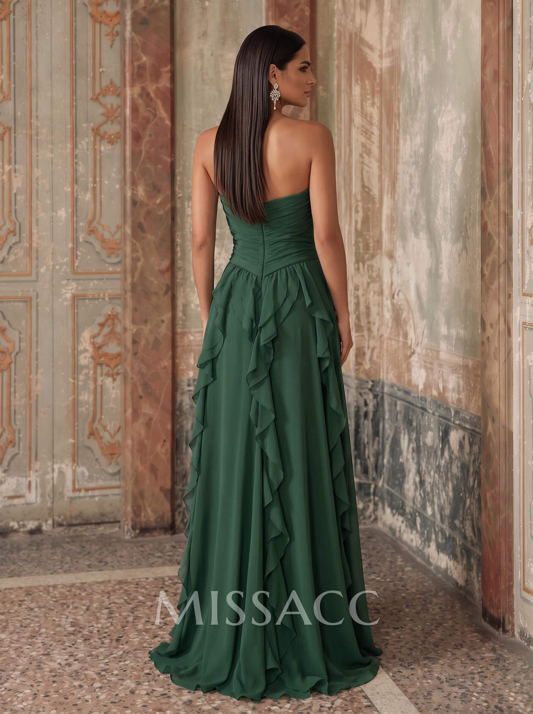 A-Line Darling Sleeveless Sweep Train Chiffon Evening Dresses With Front Split/Frill