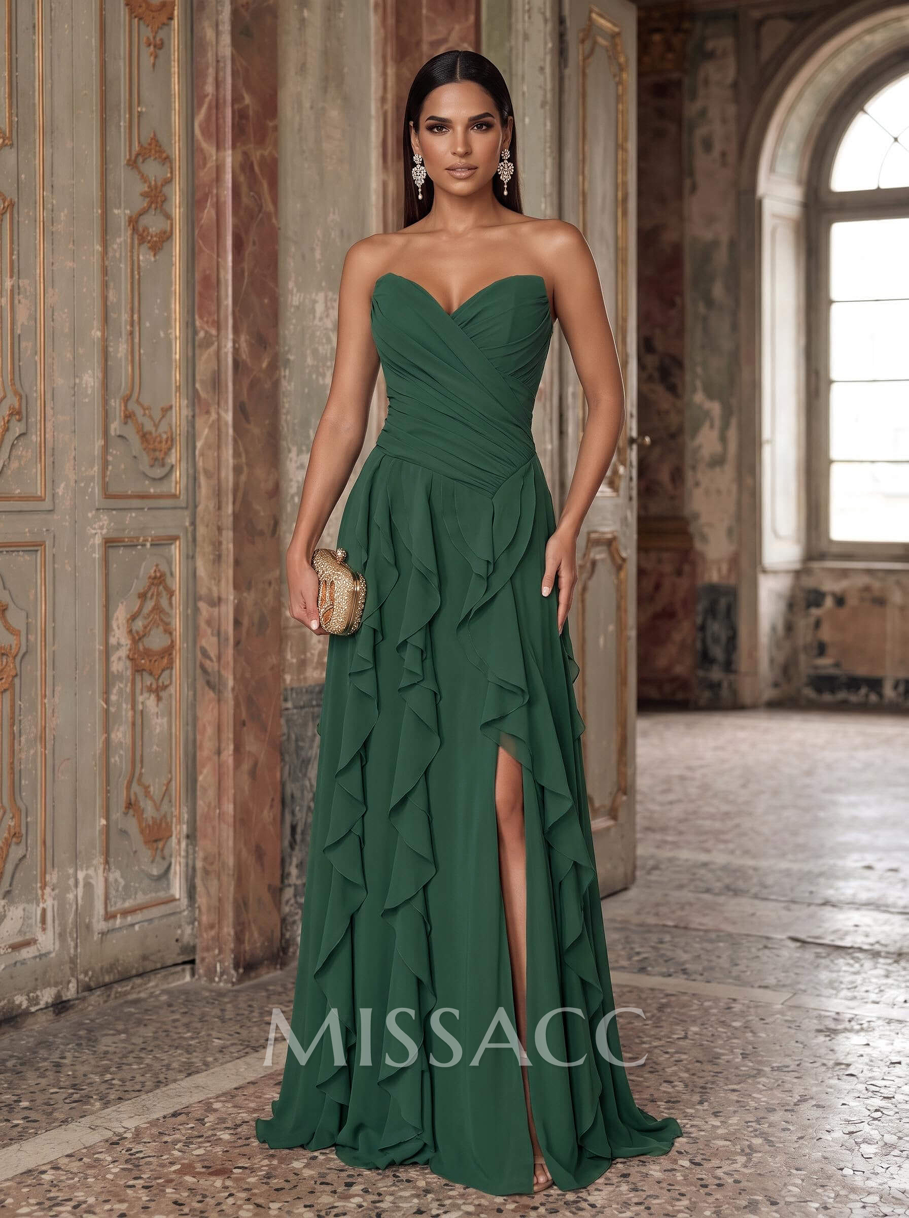 A-Line Darling Sleeveless Sweep Train Chiffon Evening Dresses With Front Split/Frill