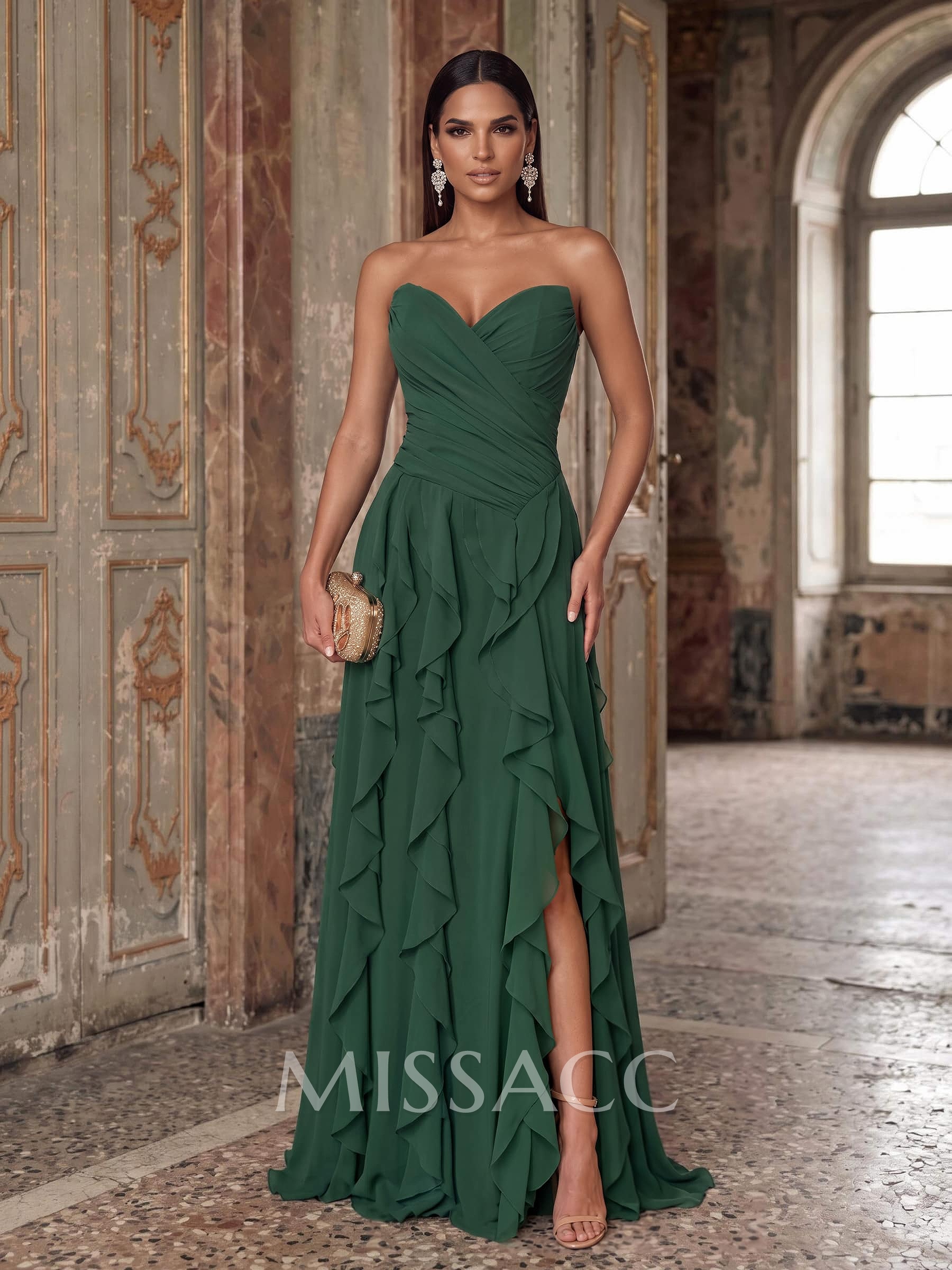 A-Line Sweetheart Sleeveless Sweep Train Chiffon Evening Dresses With Ruffle/Split Front A-Line Sweetheart Sleeveless Sweep Train Chiffon Evening Dresses With Ruffle/Split Front