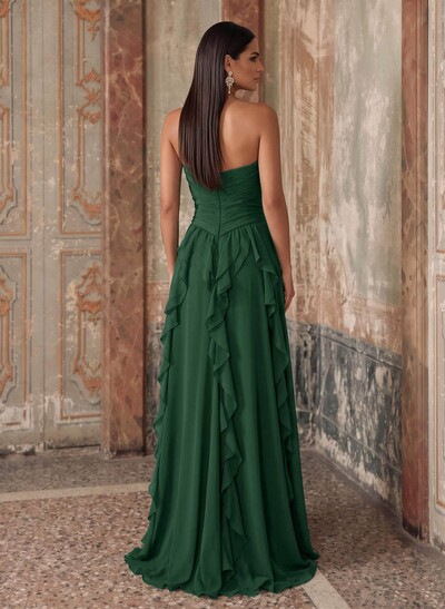 A-Line Sweetheart Sleeveless Sweep Train Chiffon Evening Dresses With Ruffle/Split Front