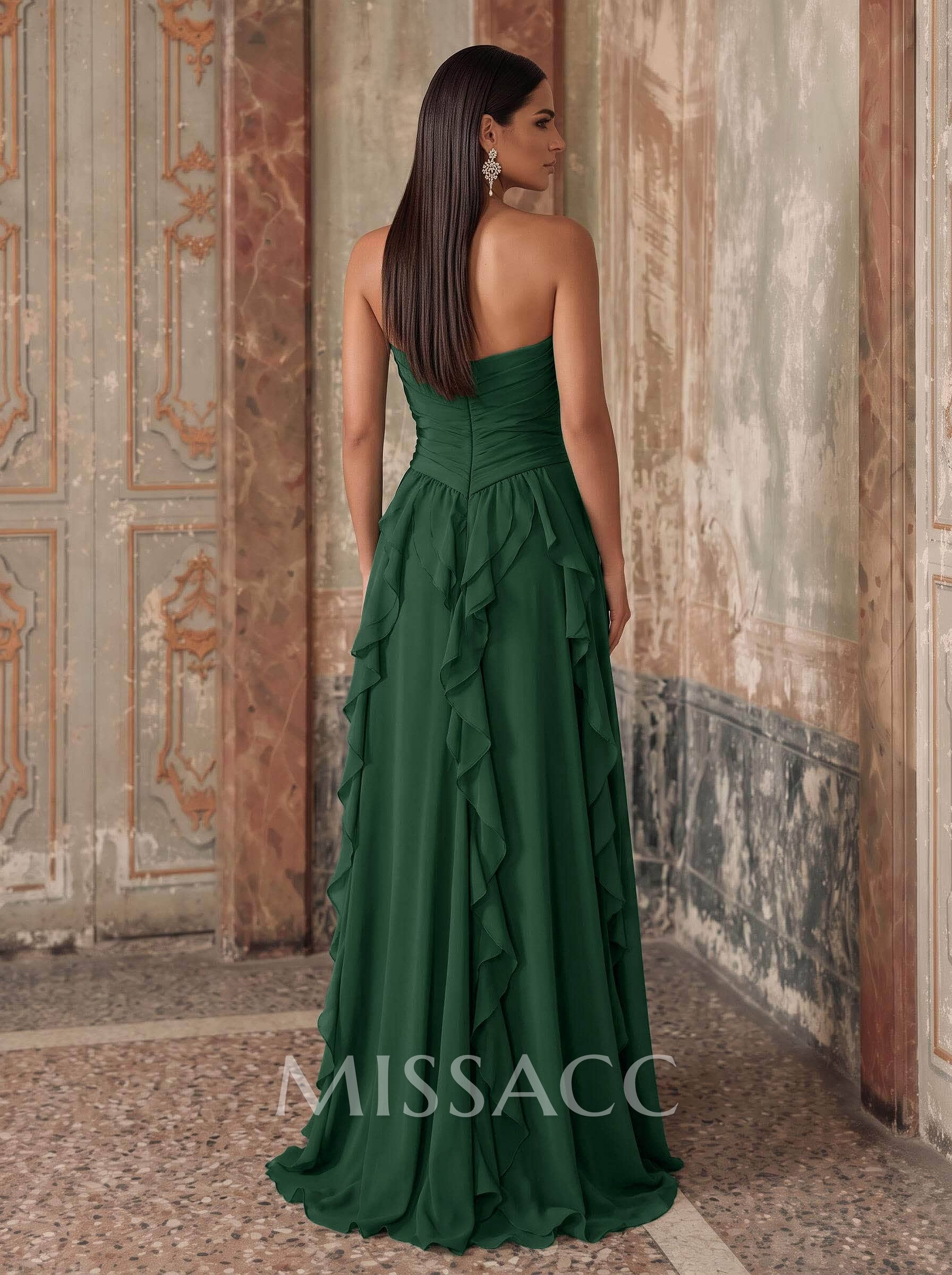 A-Line Sweetheart Sleeveless Sweep Train Chiffon Evening Dresses With Ruffle/Split Front