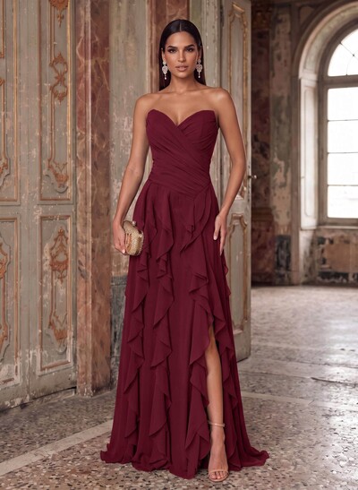 A-Line Sweetheart Sleeveless Sweep Train Chiffon Evening Dresses With Ruffle/Split Front