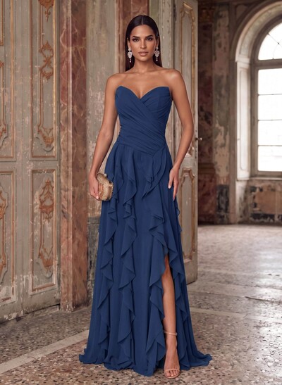 A-Line Sweetheart Sleeveless Sweep Train Chiffon Evening Dresses With Ruffle/Split Front