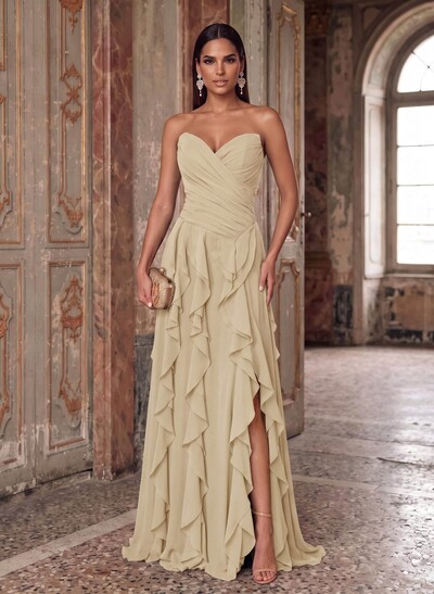 A-Line Sweetheart Sleeveless Sweep Train Chiffon Evening Dresses With Ruffle/Split Front