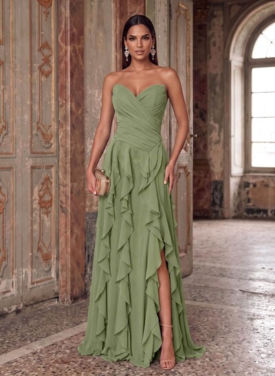A-Line Sweetheart Sleeveless Chiffon Formal Dress With Sweep Train, Ruffles And Front Split
