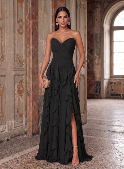 A-Line Sweetheart Sleeveless Chiffon Formal Dress With Sweep Train, Ruffles And Front Split