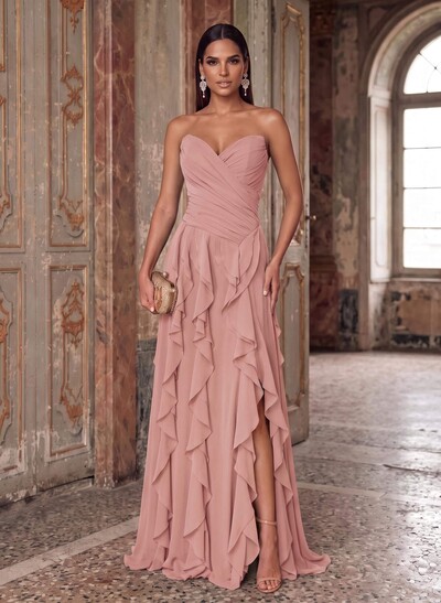 A-Line Sweetheart Sleeveless Sweep Train Chiffon Evening Dresses With Ruffle/Split Front