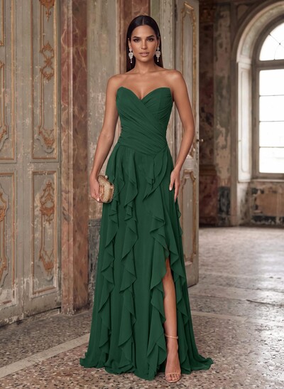 A-Line Sweetheart Sleeveless Sweep Train Chiffon Evening Dresses With Ruffle/Split Front