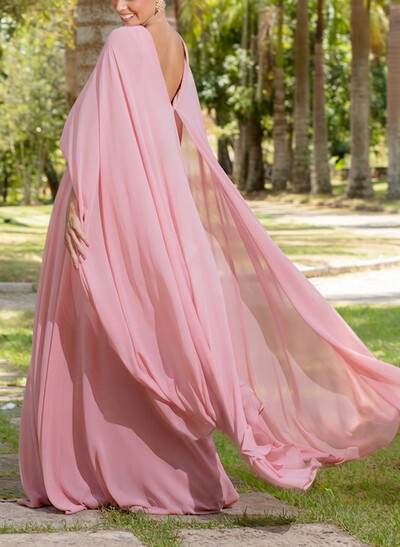 A-Line V-Neck Cape Sleeves Sweep Train Chiffon Evening Dresses With Rhinestone