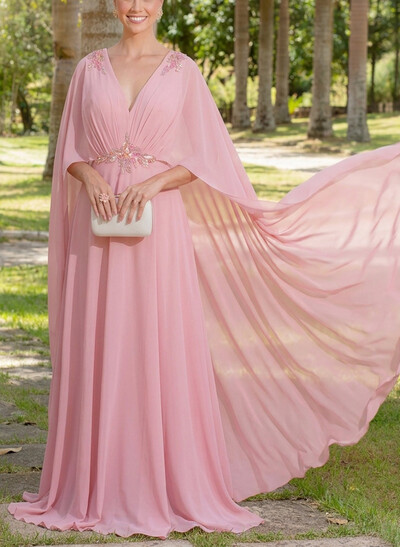 A-Line V-Neck Cape Sleeves Sweep Train Chiffon Evening Dresses With Rhinestone