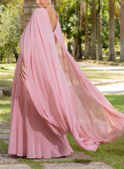 A-Line V-Neck Cape Sleeves Sweep Train Chiffon Evening Dresses With Rhinestone