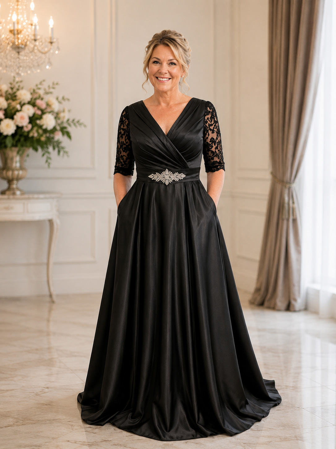 A-Line Sweetheart 1/2 Sleeves Sweep Train Satin Evening Dresses With Beading/Pleated