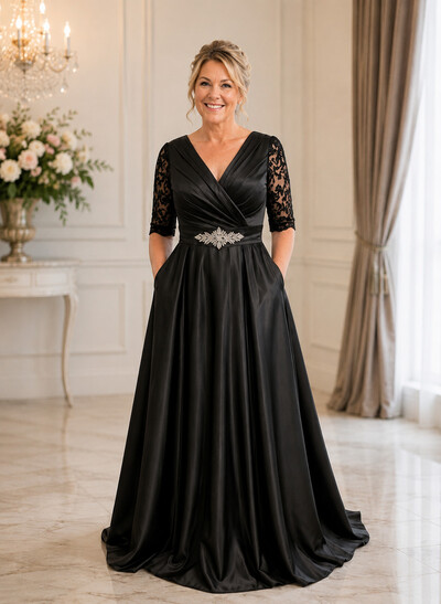 A-Line Sweetheart 1/2 Sleeves Sweep Train Satin Evening Dresses With Beading/Pleated