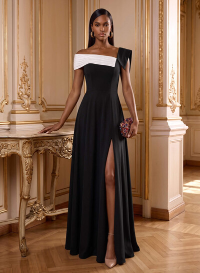 A-Line Asymmetrical Sleeveless Floor-Length Elastic Satin Evening Dresses With Pockets/High Split