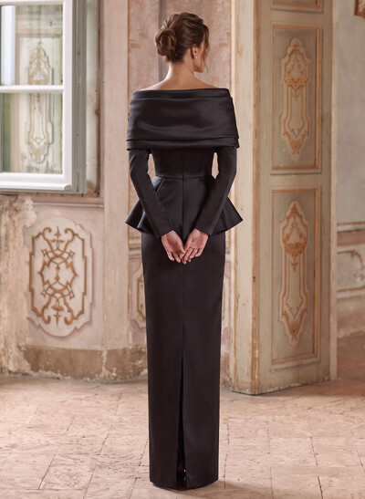 Two Piece V-Neck Long Sleeves Floor-Length Satin Evening Dresses With Flower