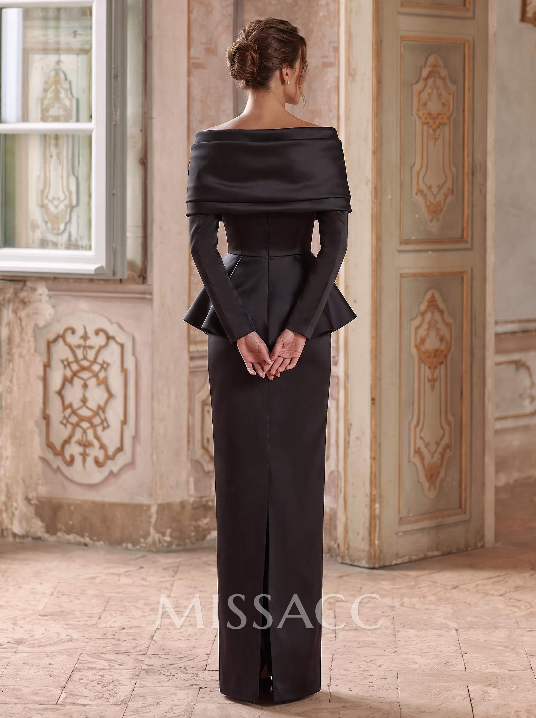 Two Piece V-Neck Long Sleeves Floor-Length Satin Evening Dresses With Flower