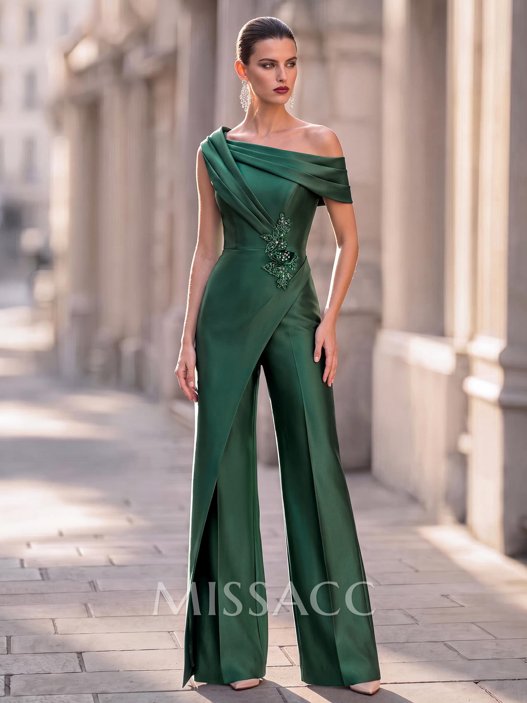 Jumpsuit/Pantsuit Asymmetrical Sleeveless Floor-Length Satin Evening Dresses