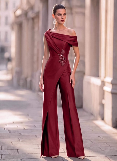 Jumpsuit/Pantsuit Asymmetrical Sleeveless Floor-Length Satin Evening Dresses